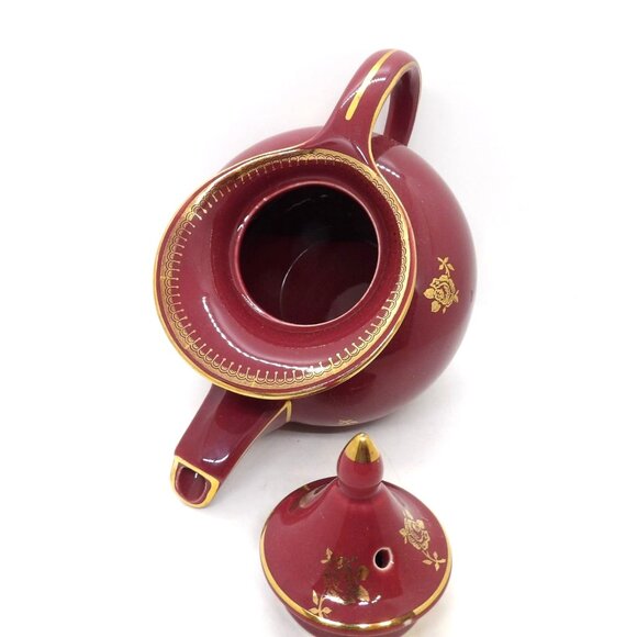 Hall 0693 Burgundy 6 Cup Gold Rose Tea Pot preowned - Picture 6 of 7